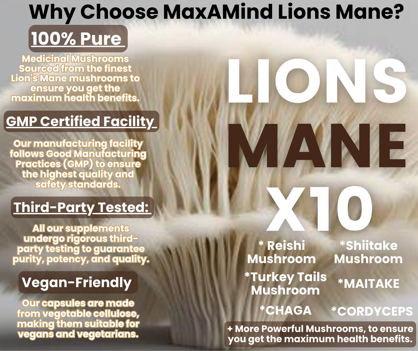 MaxAMind Lion's Mane Mushroom Supplement + Reishi Extract, Shiitake Extract Mushrooms, A Perfect Proprietary Blend