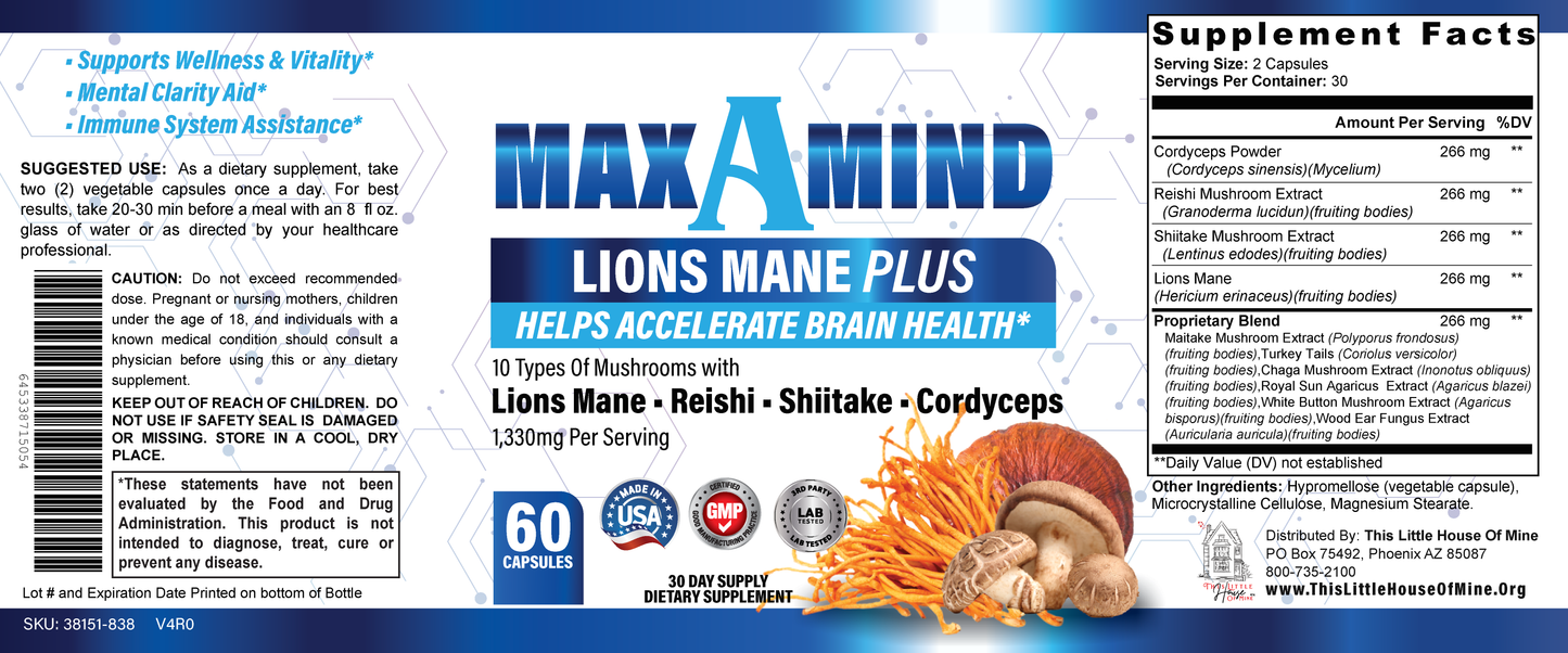 MaxAMind Lion's Mane Mushroom Supplement + Reishi Extract, Shiitake Extract Mushrooms, A Perfect Proprietary Blend